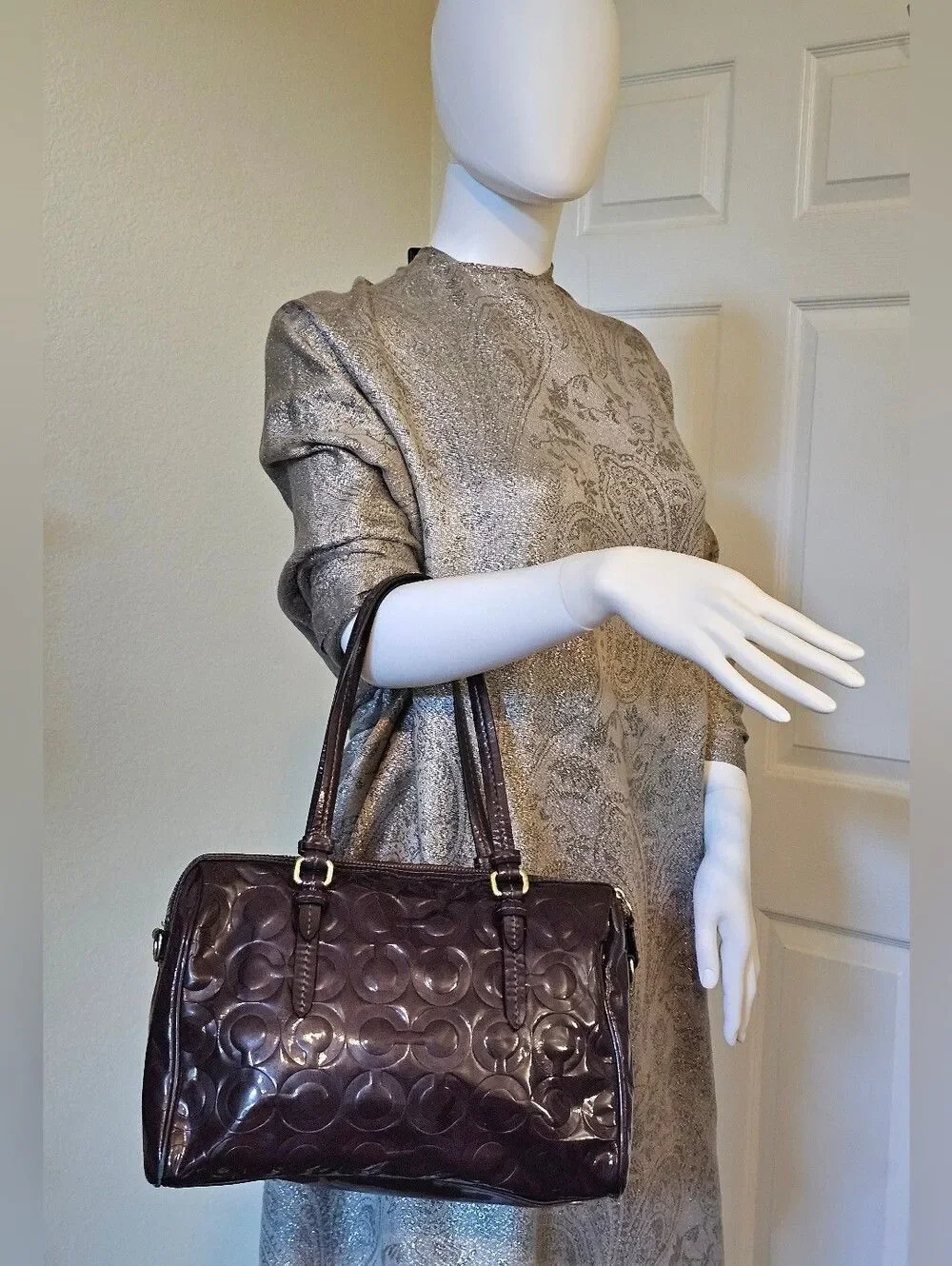 Coach Patent Leather Tote Bag in Dark Brown